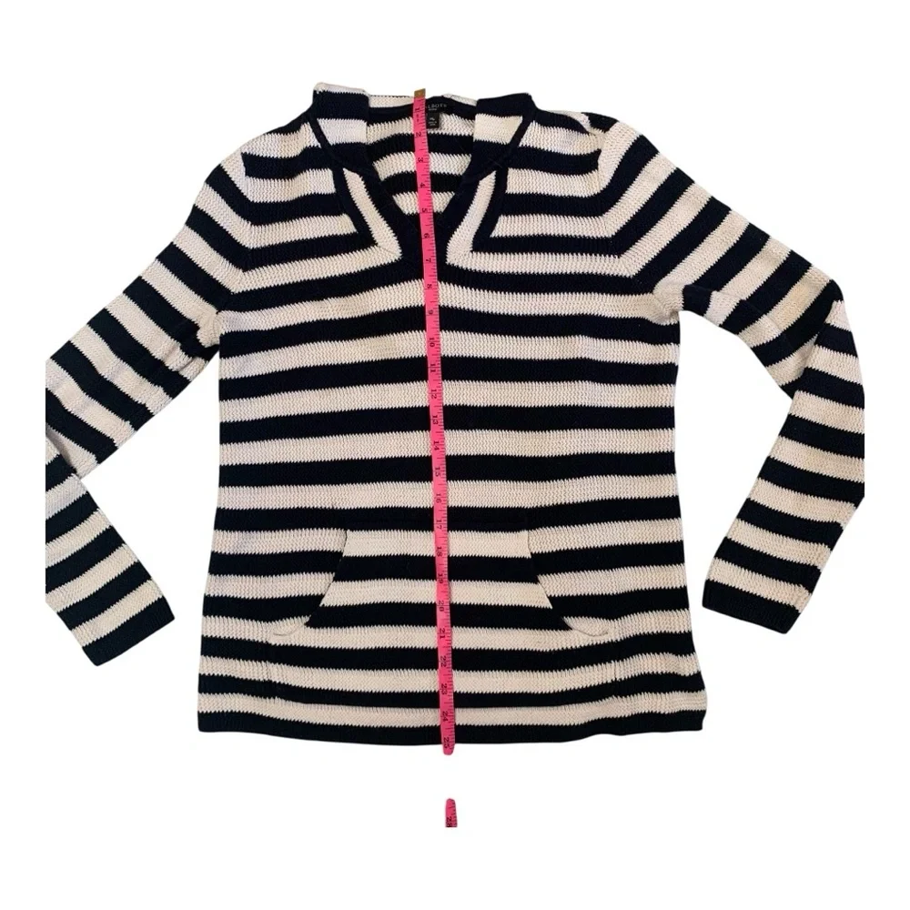 Talbots Navy Ivory Striped V-Neck Cotton Blend Sweater Hood Pull-Over Size MP‎